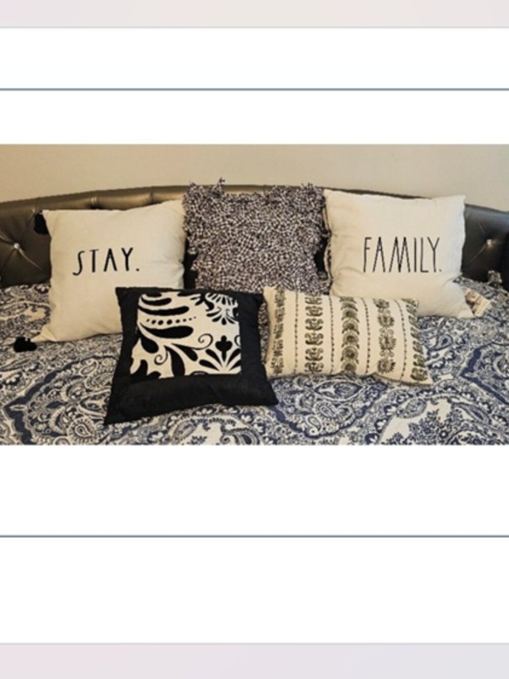 5 Pillows, 2 are Rae Dunn, 1 is Pier One, one is buffalo plaid FAMILY STAY~ EUC